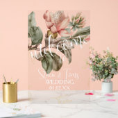 ピンク熱帯植物性花模様結婚金ゴールド アクリルサイン (ウェディング)