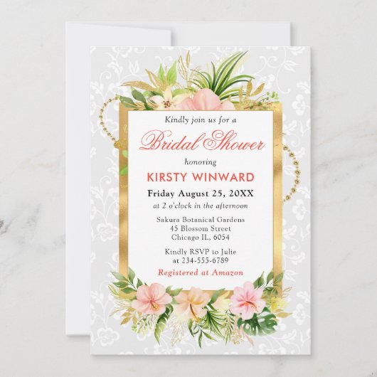 ピンク熱帯花ゴールドフォイルブライダルシャワー 招待状 (正面)