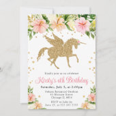 ピンク熱帯花金ゴールドユニコーン誕生日パーティー 招待状 (正面)