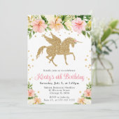 ピンク熱帯花金ゴールドユニコーン誕生日パーティー 招待状 (スタンド正面)