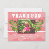 ピンク熱帯葉水彩ガールフォト誕生日 サンキューカード (正面)