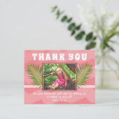 ピンク熱帯葉水彩ガールフォト誕生日 ポストカード (スタンド正面)