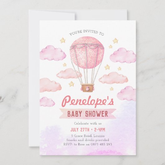 ピンク熱気球招待、女の子のベビーシャワー 招待状 (正面)