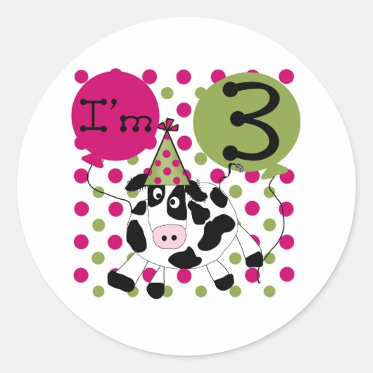 ピンク牛3歳の誕生日 ラウンドシール (正面)