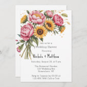 ピンク牡丹とイエローフローラウェディングシャワー 招待状 (正面/裏面)