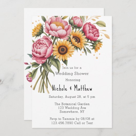 ピンク牡丹とイエローフローラウェディングシャワー 招待状 (正面/裏面)