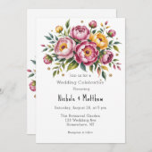 ピンク牡丹とイエロー結婚フローラお祝い 招待状 (正面/裏面)