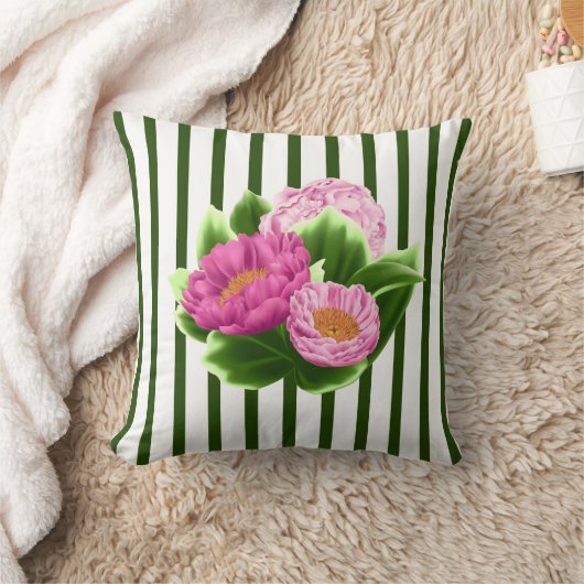 ピンク牡丹とグリーンストライプ装飾用クッション クッション (ブランケット)