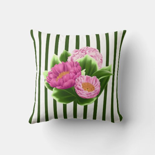ピンク牡丹とグリーンストライプ装飾用クッション クッション (裏面)