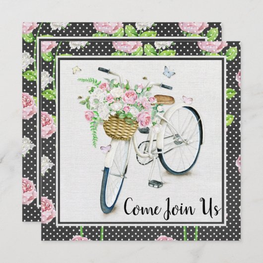 ピンク牡丹と白い自転車の誕生日パーティー 招待状 (正面/裏面)