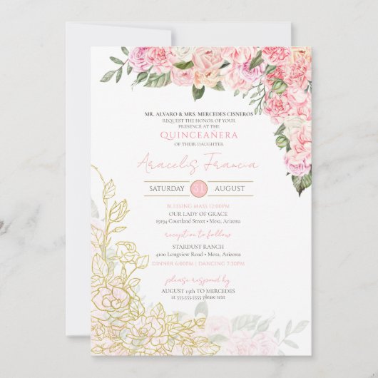 ピンク牡丹と金ゴールドフローラキンセアニェラカインスアノス 招待状 (正面)