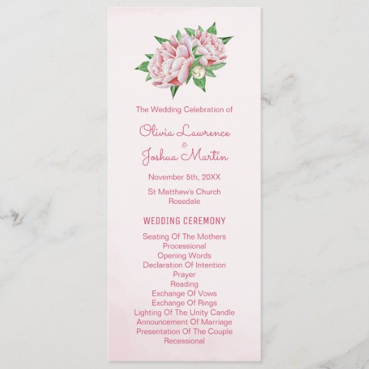 ピンク牡丹の水カラー結婚式 プログラム (正面)