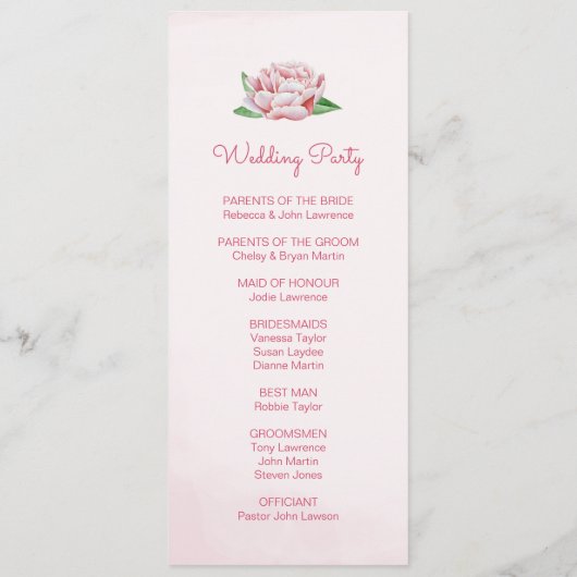 ピンク牡丹の水カラー結婚式 プログラム (裏面)