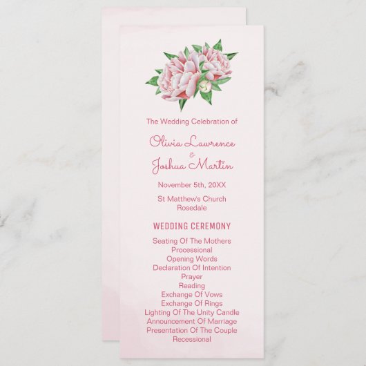 ピンク牡丹の水カラー結婚式 プログラム (正面/裏面)