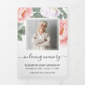 ピンク牡丹の水彩フローラメモリアル葬儀 三つ折りプログラム (カバー)