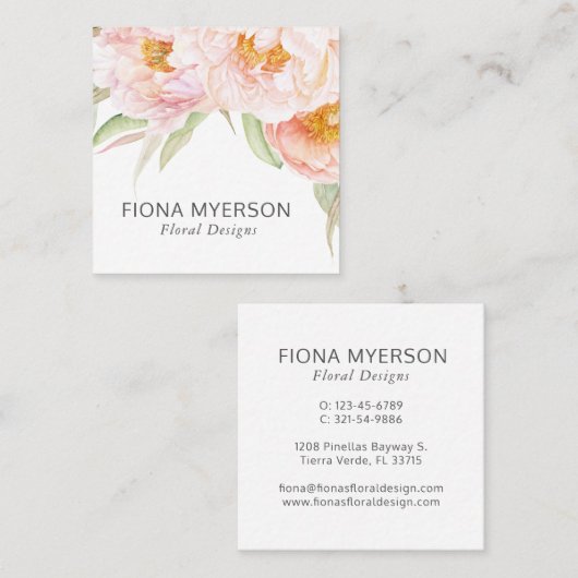 ピンク牡丹の水彩フローラ スクエア名刺 (正面/裏面)