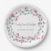 ピンク牡丹の水彩写真結婚の ペーパープレート (正面)