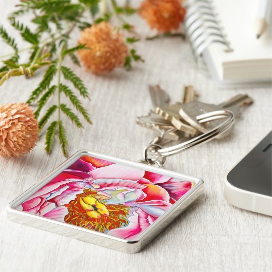 ピンク牡丹の水彩画素晴らし画 キーホルダー (側面)