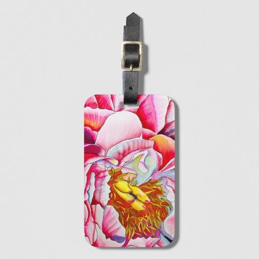 ピンク牡丹の水彩画素晴らし画 ラゲッジタグ (正面縦)