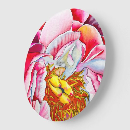 ピンク牡丹の水彩画素晴らし画 ラージ壁時計 (傾斜)