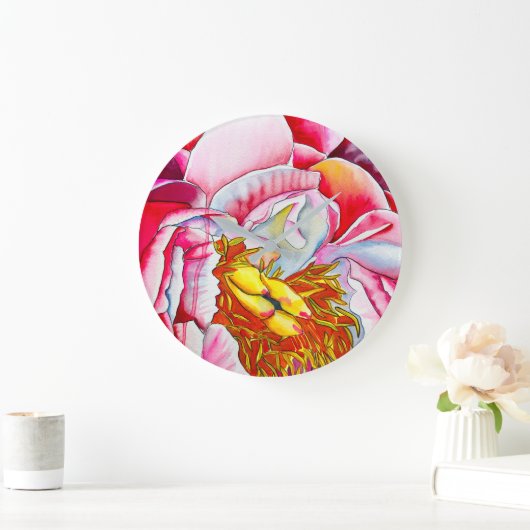 ピンク牡丹の水彩画素晴らし画 ラージ壁時計 (ホーム)