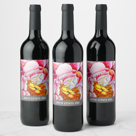 ピンク牡丹の水彩画素晴らし画 ワインラベル (ボトル)