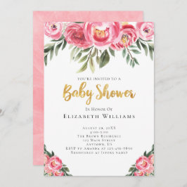 ピンク牡丹の水彩花少女ベビーシャワー 招待状