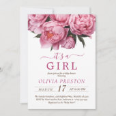 ピンク牡丹の水彩赤ちゃんシャワー女の子 招待状 (正面)