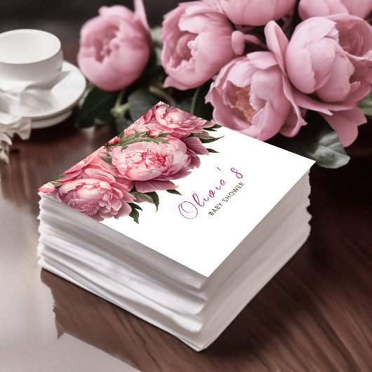 ピンク牡丹の水彩赤ちゃんシャワー スタンダードカクテルナプキン
