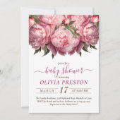 ピンク牡丹の水彩赤ちゃんシャワー 招待状 (正面)