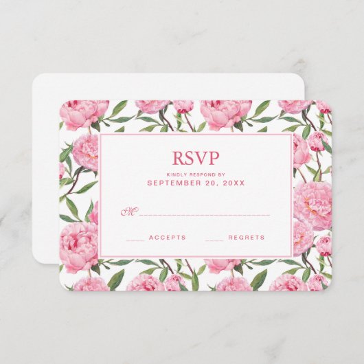 ピンク牡丹の水色の花 – 結婚式RSVP 出欠カード (正面/裏面)