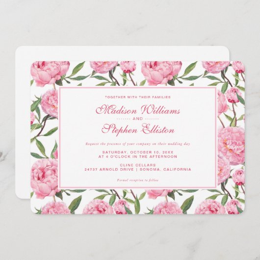 ピンク牡丹の水色の花 – 結婚's 招待状 (正面/裏面)
