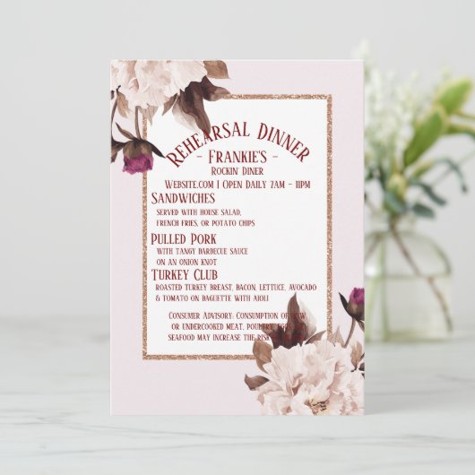 ピンク牡丹の水色フローラリハーサルディナー 招待状 (スタンド正面)