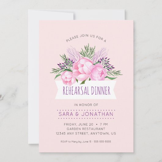 ピンク牡丹の水色リハーサルディナー 招待状 (正面)