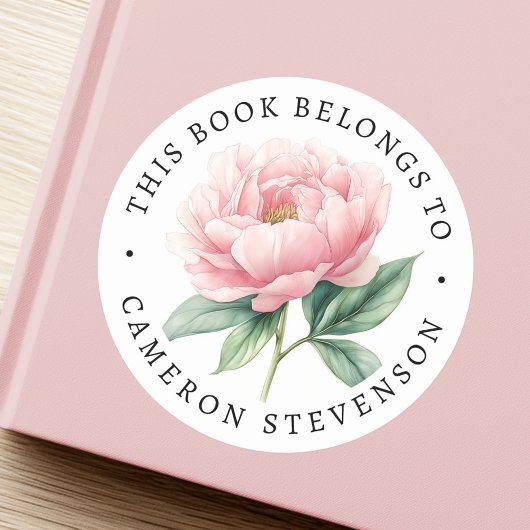 ピンク牡丹の花の図書本ラベル ラウンドシール
