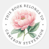 ピンク牡丹の花の図書本ラベル ラウンドシール (正面)