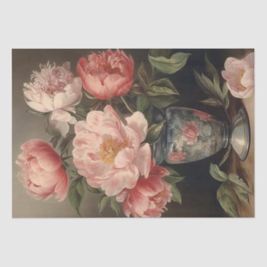 ピンク牡丹の花の花瓶デコップブーケヴィンテージ 薄葉紙 (正面)