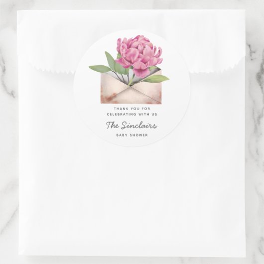 ピンク牡丹の花の赤ちゃんシャワーbyメール ラウンドシール (バッグ)