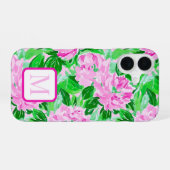 ピンク牡丹の花パターンモノグラム iPhone 16ケース (裏面横)