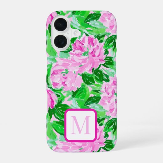 ピンク牡丹の花パターンモノグラム iPhone 16ケース (裏面)