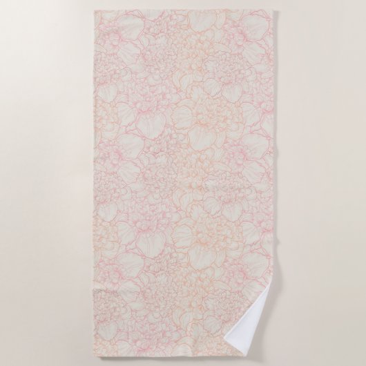 ピンク牡丹の花柄 ビーチタオル (正面)