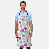 ピンク牡丹の花水色シームレス模様 エプロン (着用した状態)