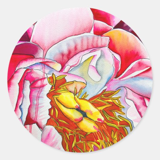 ピンク牡丹の花水色 ラウンドシール (正面)