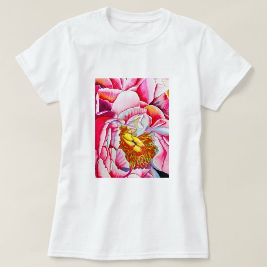ピンク牡丹の花水色 Tシャツ (デザイン正面)