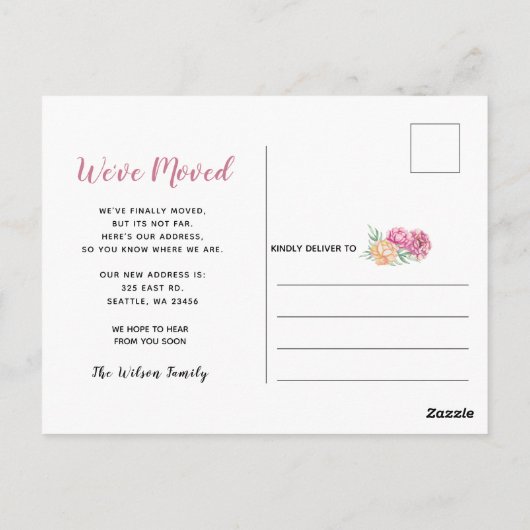 ピンク牡丹の花瓶私たちは新しいアドレスを移動している ポストカード (裏面)