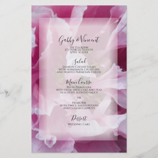 ピンク牡丹の花結婚のメニュー (正面)