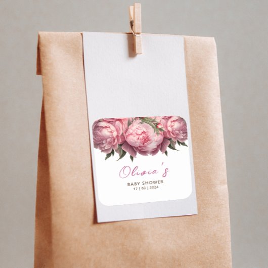 ピンク牡丹の赤ちゃんシャワー スクエアシール