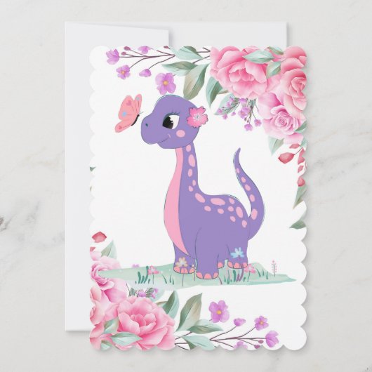 ピンク牡丹の赤ちゃん女の子シャワーInv付きかわいい恐竜 招待状 (裏面)