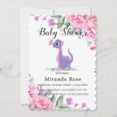ピンク牡丹の赤ちゃん女の子シャワーInv付きかわいい恐竜 招待状 (正面)