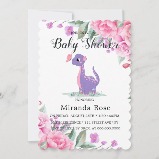 ピンク牡丹の赤ちゃん女の子シャワーInv付きかわいい恐竜 招待状 (正面)